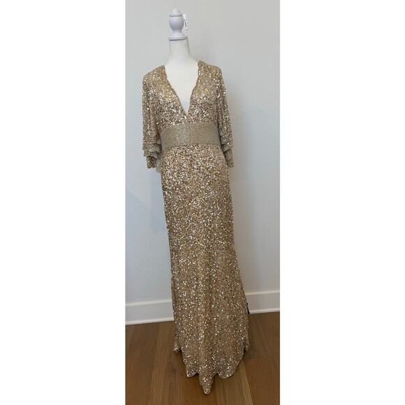 Mac Duggal Sequined V Neck Cape Sleeve Beaded Gown Champagne Nude 12 - Picture 1 of 14